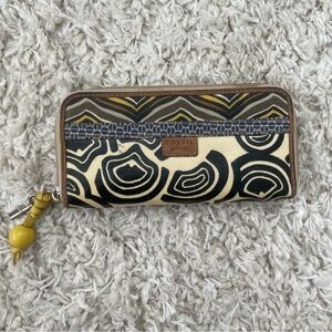 Fossil Vintage Y2K Safari Mod Key Per Leather Trim Canvas Wallet